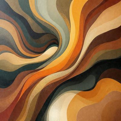 The primary subject of the image is a colorful, abstract painting featuring a mix of orange, brown, and blue hues. The painting is displayed on a wall, creating a vibrant and lively atmosphere. The visual style of the painting is a combination of digital art and illustration, giving it a unique and artistic appearance. The colors and mood of the painting evoke a sense of warmth and creativity, making it an eye-catching and inspiring piece of art.